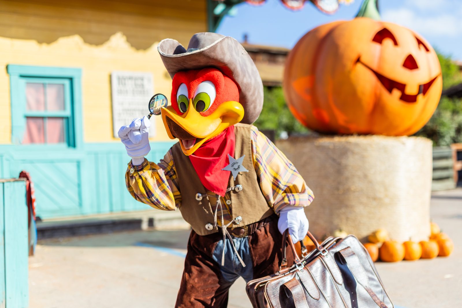 Personaje del parque con una calabaza, de día